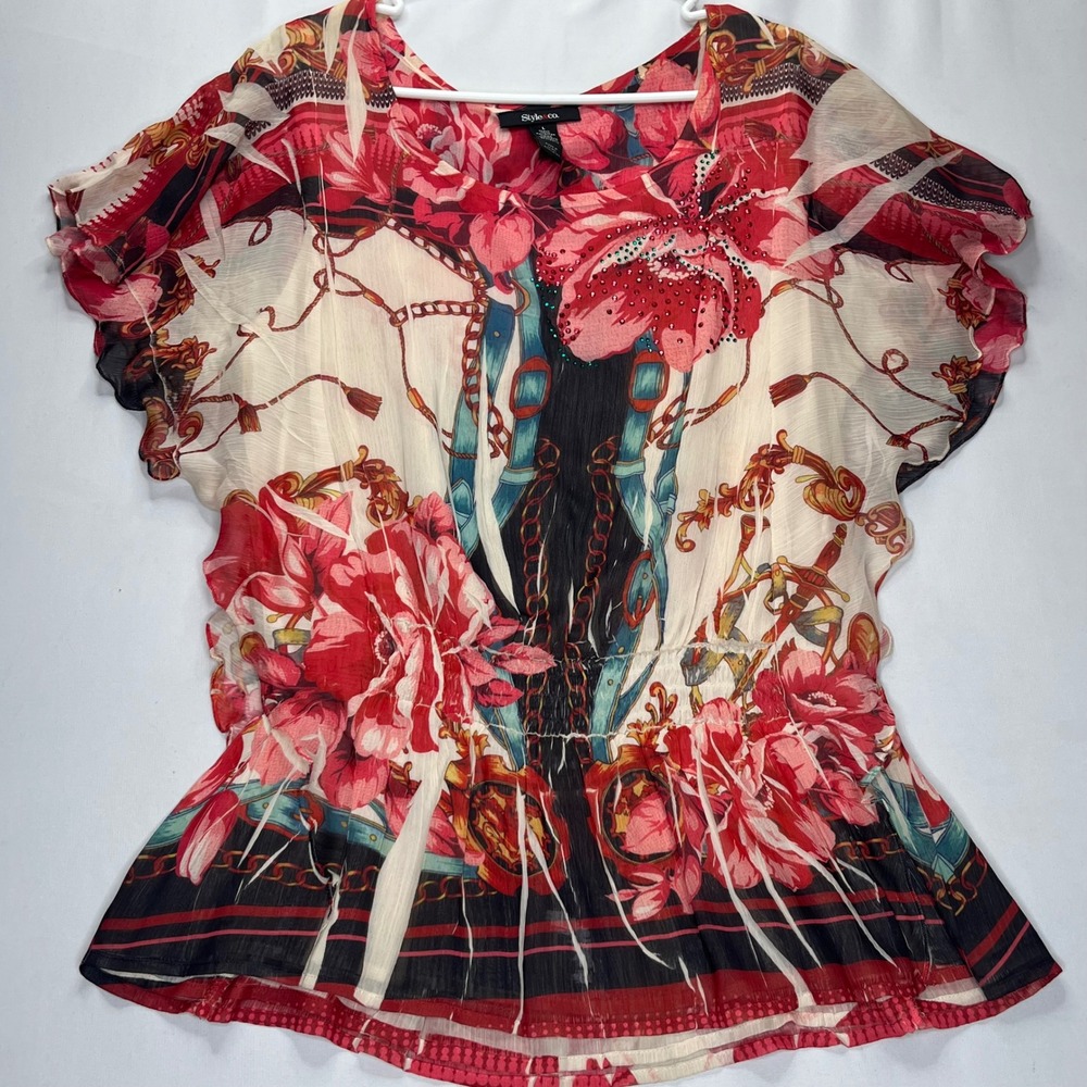 Style & Co Blouse Womens L Red Floral Chiffon Rhinestone Smocked Waist Top